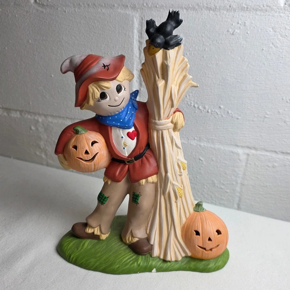 Vintage Ceramic Scarecrow Figurine Fall Harvest Halloween Decor Jack-O-Lantern